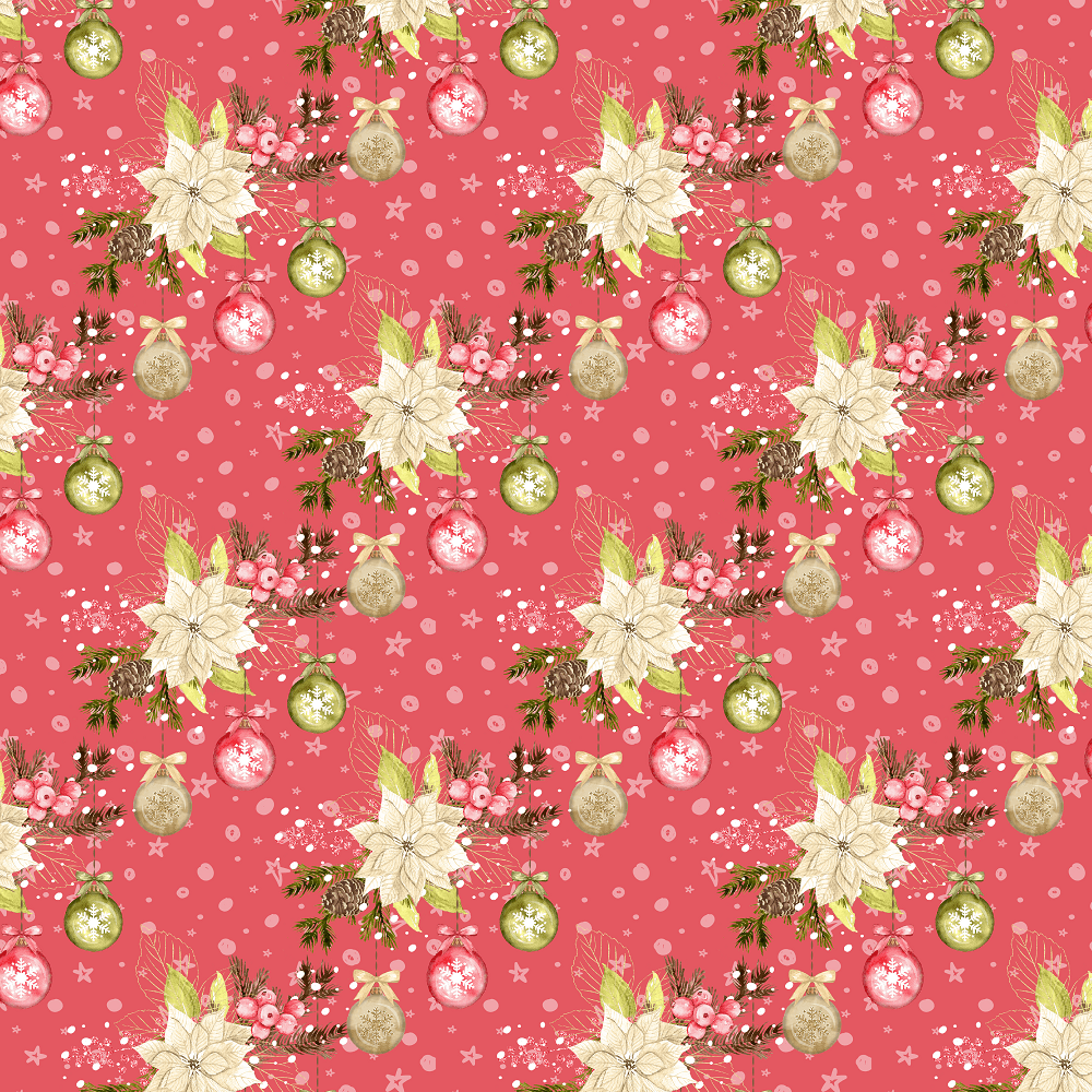 Winter Poinsettias & Ornaments Fabric - Red