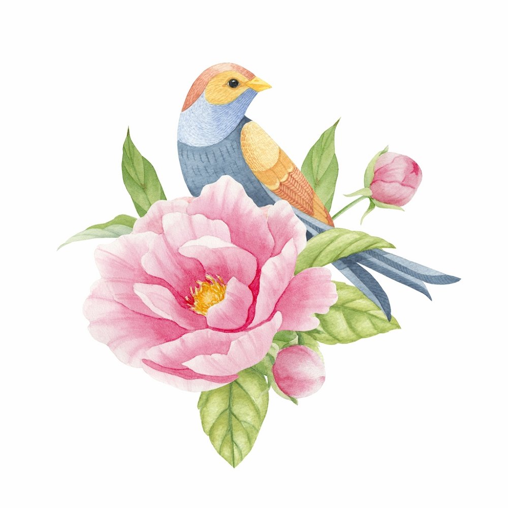 Tanager Perched on a Garden Rose Fabric Panel