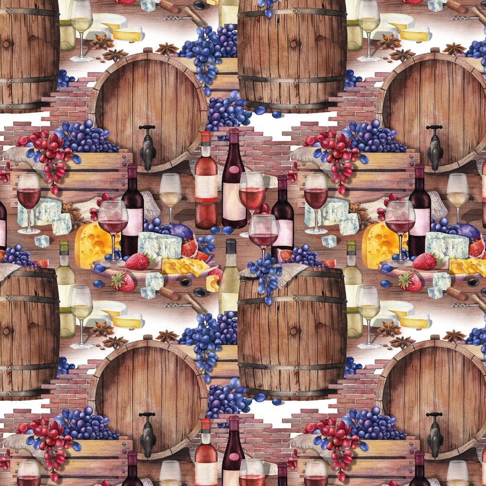 Wine Barrels, Grapes, & Cheese Fabric - Red