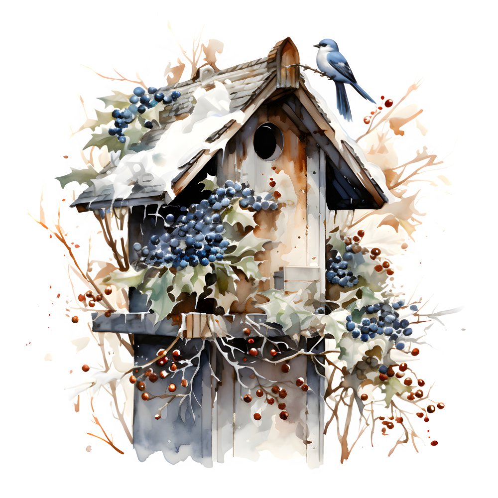 Winter Birdhouse Blue Jay #4 Fabric Panel
