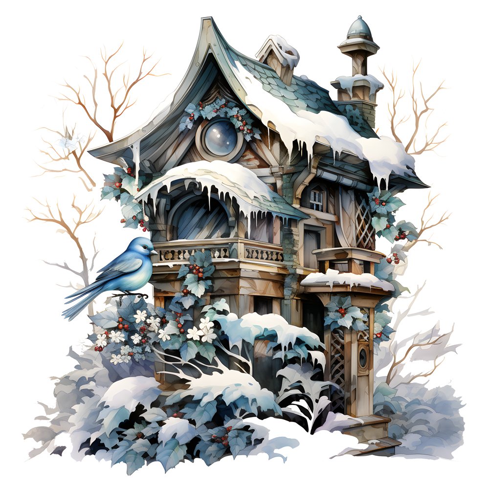 Winter Birdhouse Bluebird Fabric Panel