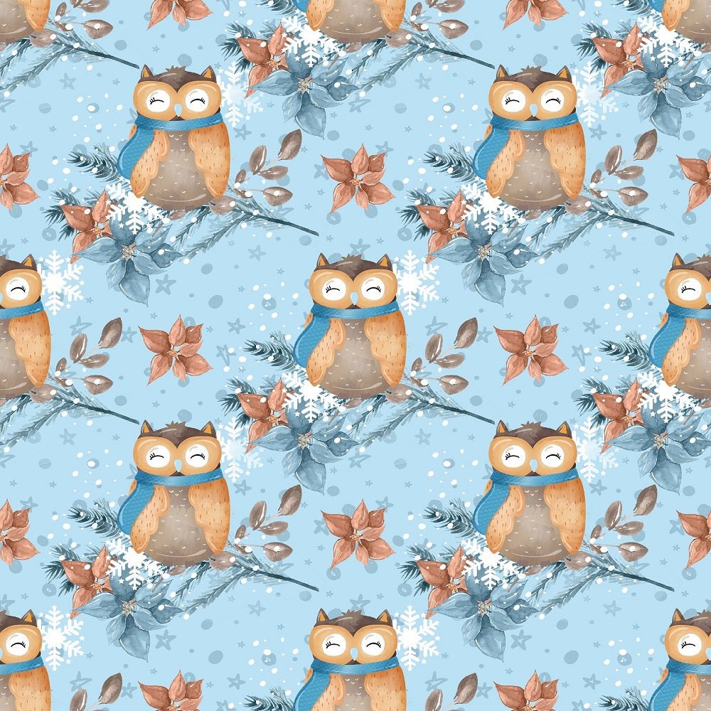 Winter Owl on Branch Fabric - Blue