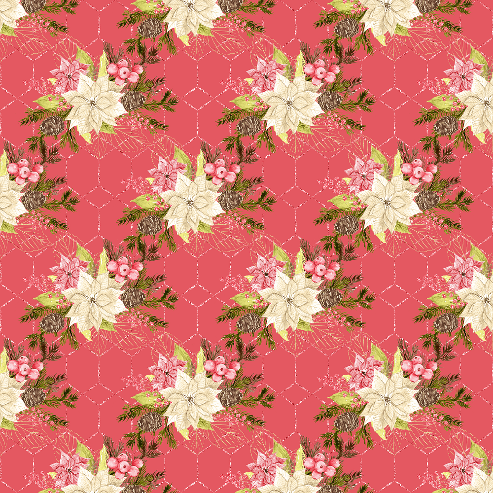 Winter Poinsettias On Hexagonal Fabric - Red