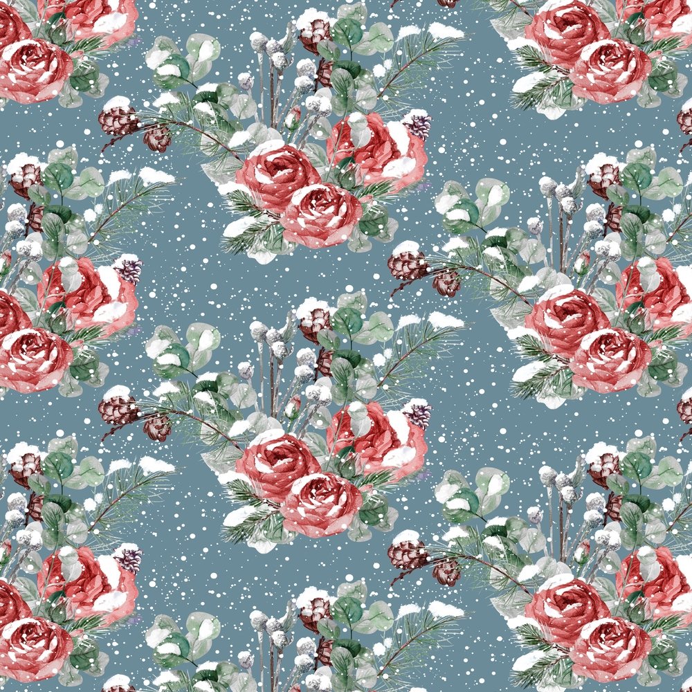 Winter Roses Fabric - Gray/Blue