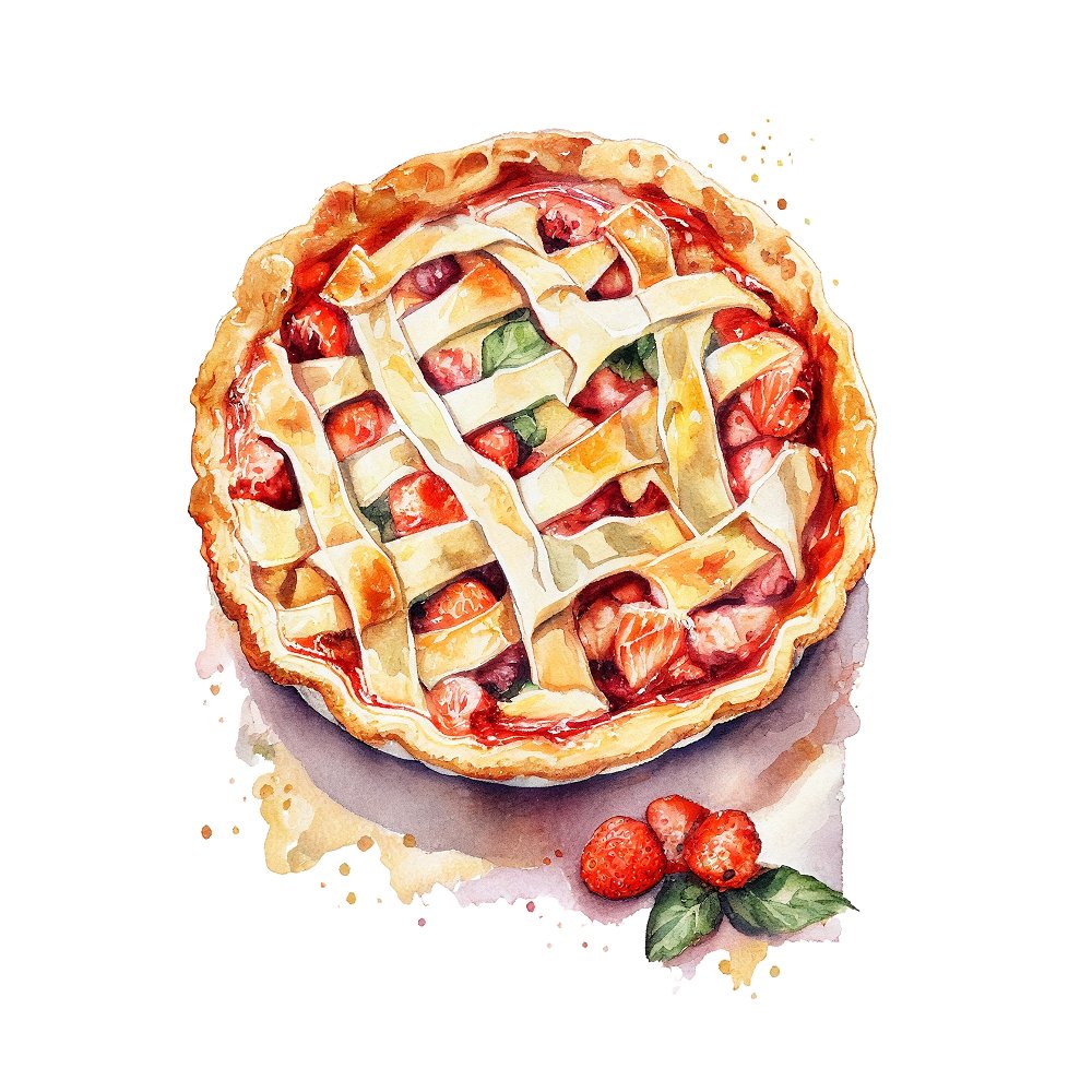 Watercolor Strawberries & Pies #1 Fabric Panel