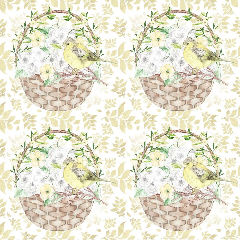 White Hydrangeas Birds and Cages on Yellow Leaves Fabric