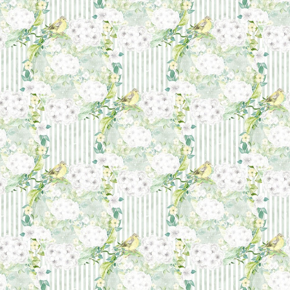 White Hydrangeas Birds Striped Fabric