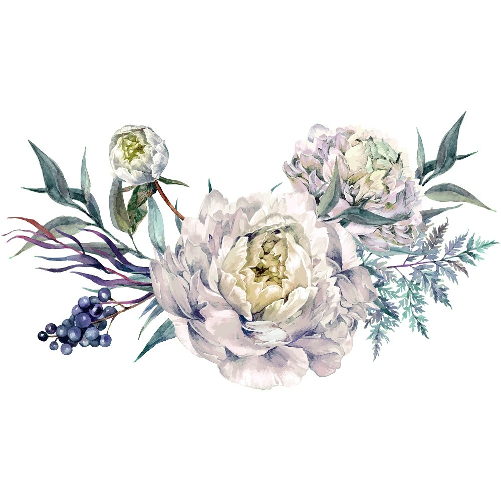 White Peonies & Berries Bouquet Fabric Panel