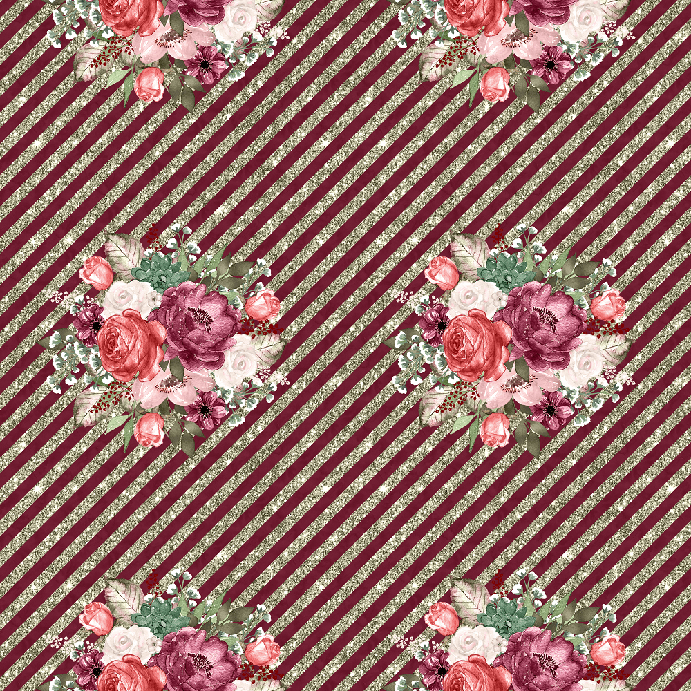 Wildflower Bouquets & Diagonal Stripes Fabric - Burgundy