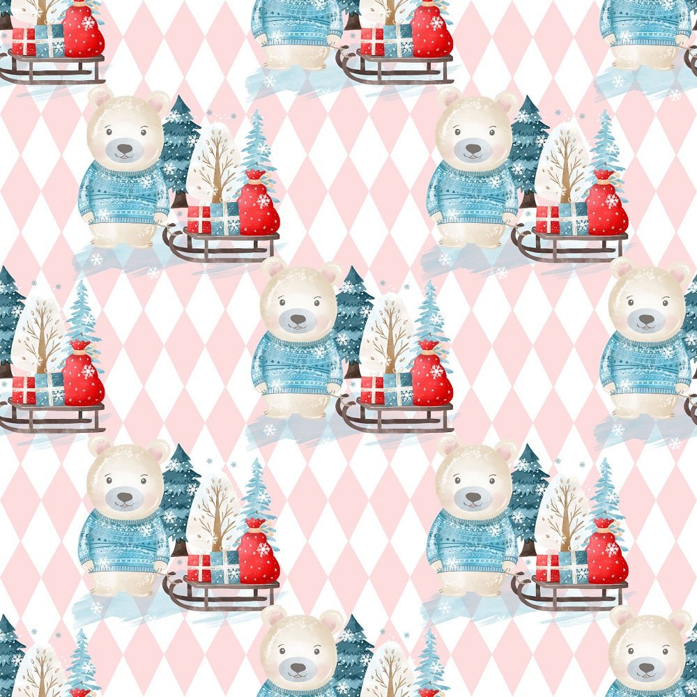 Winter Bear Pink Checkered Fabric