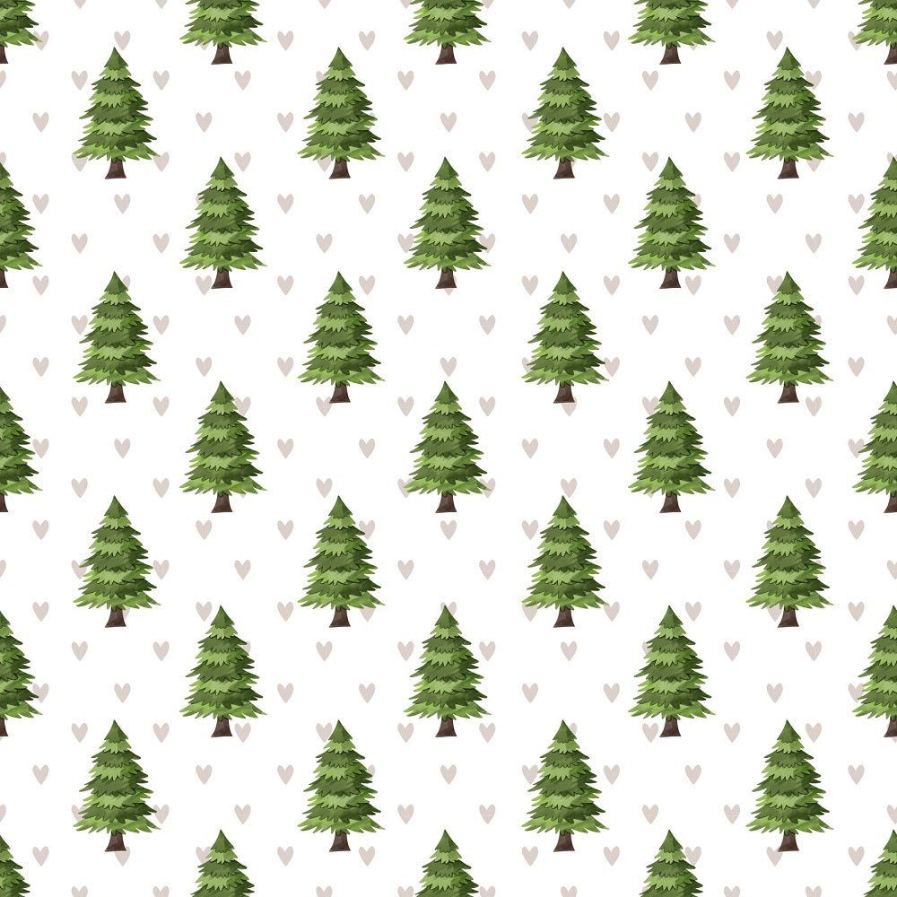 Watercolor Pine Trees Brown Hearts Fabric