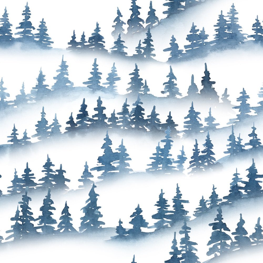 Watercolor Pine Trees Silhouettes Fabric - Blue