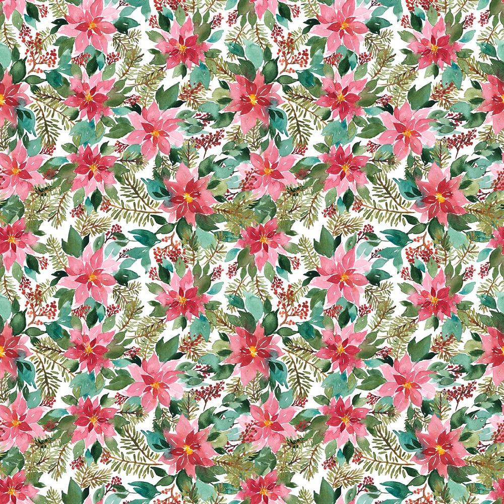 Watercolor Poinsettia, Spruce and, Berries Fabric - White