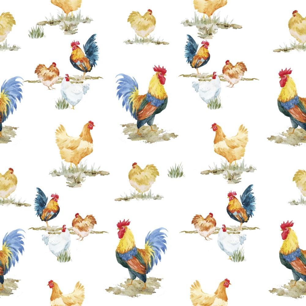 Watercolor Rooster & Hen Fabric - Multi