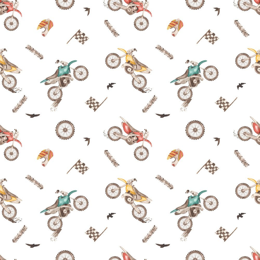 Watercolor Scattered Dirt Bikes Fabric