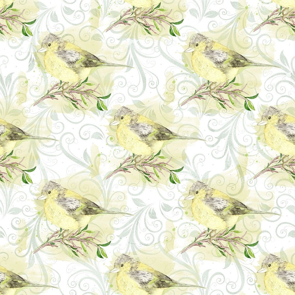 White Hydrangeas Birds on Green Leaves Fabric