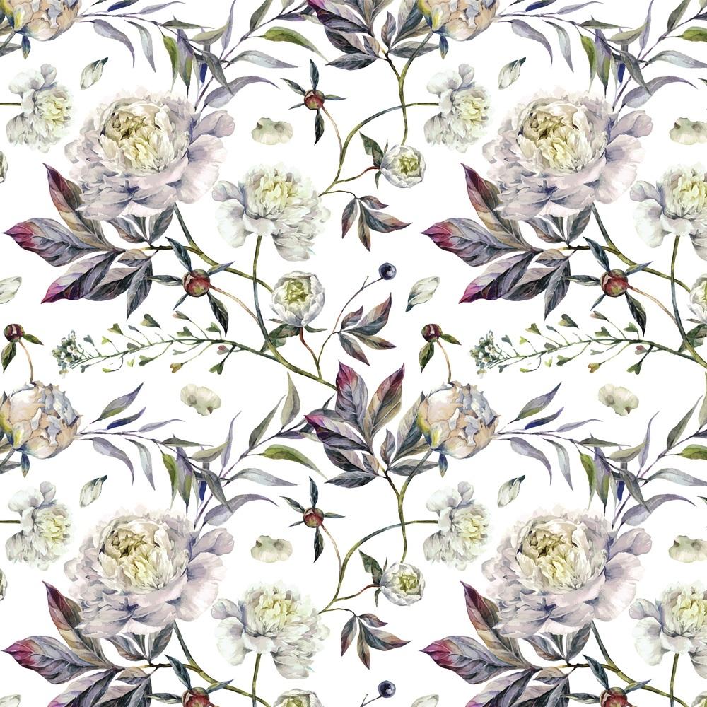 White Watercolor Peonies Fabric
