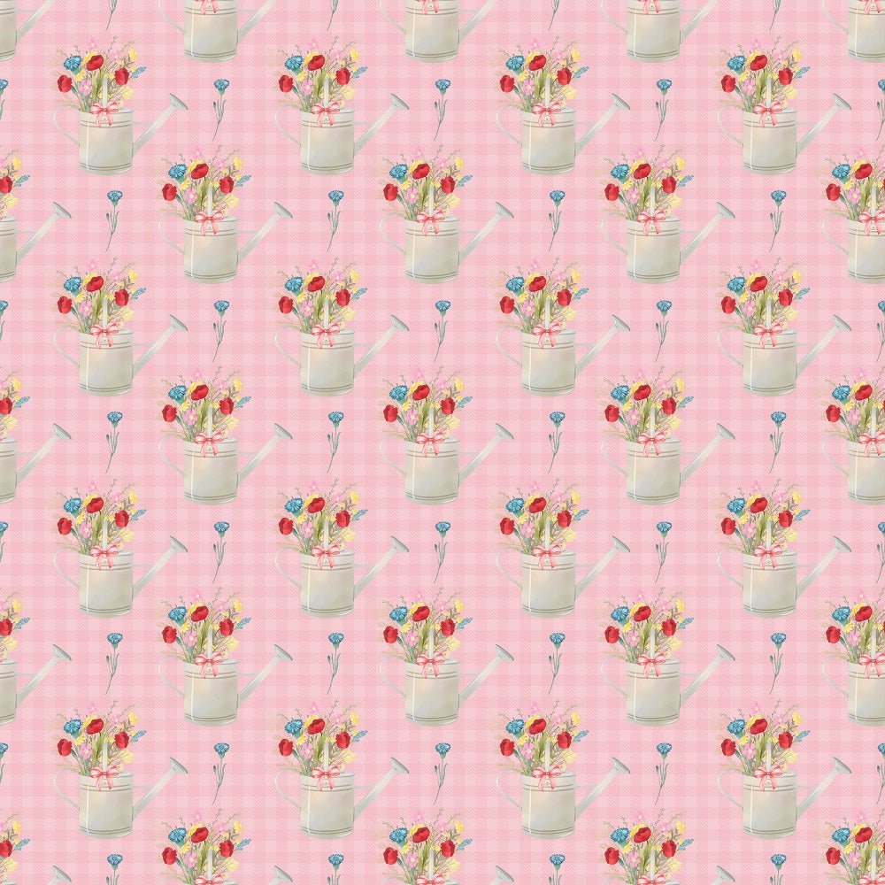 Wild Flowers in Watering Pot on Plaid Fabric - Pink