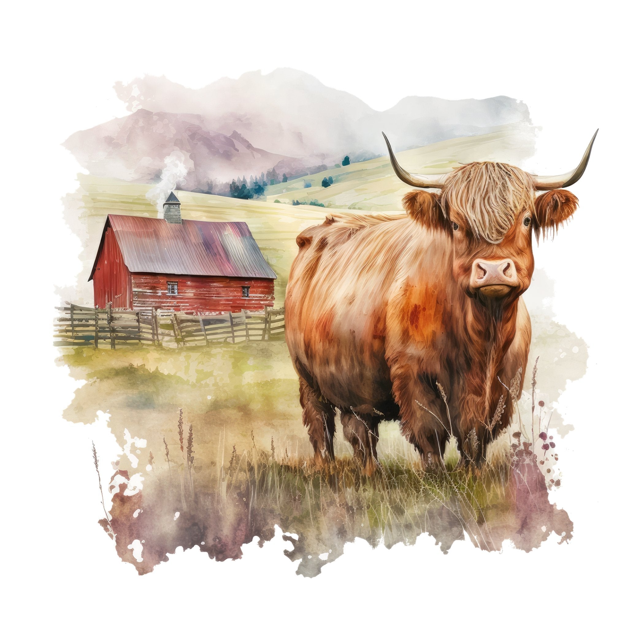 Watercolor Highland Cow Scene #6 Fabric Panel