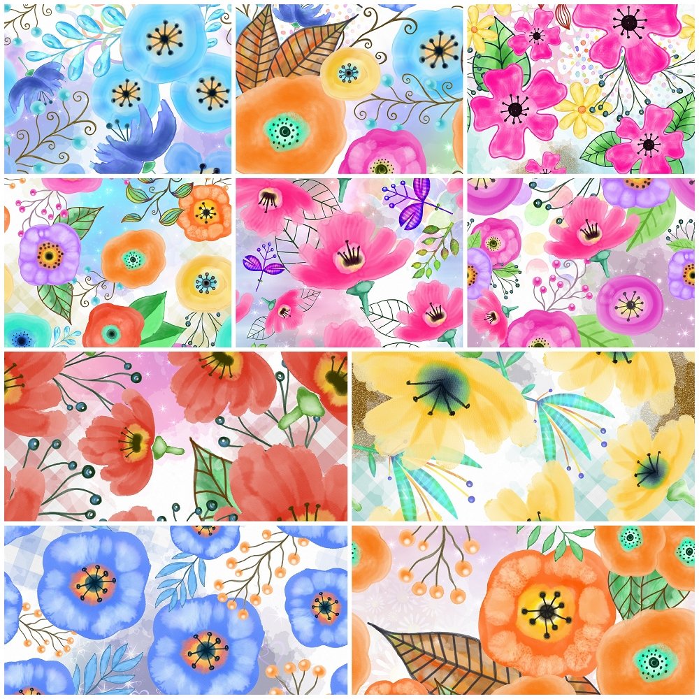 Watercolor Mixed Floral Collage Fabric Collection - 1/2 Yard Bundle