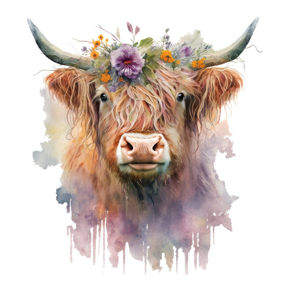 Watercolor Floral Highland Cow #12 Fabric Panel