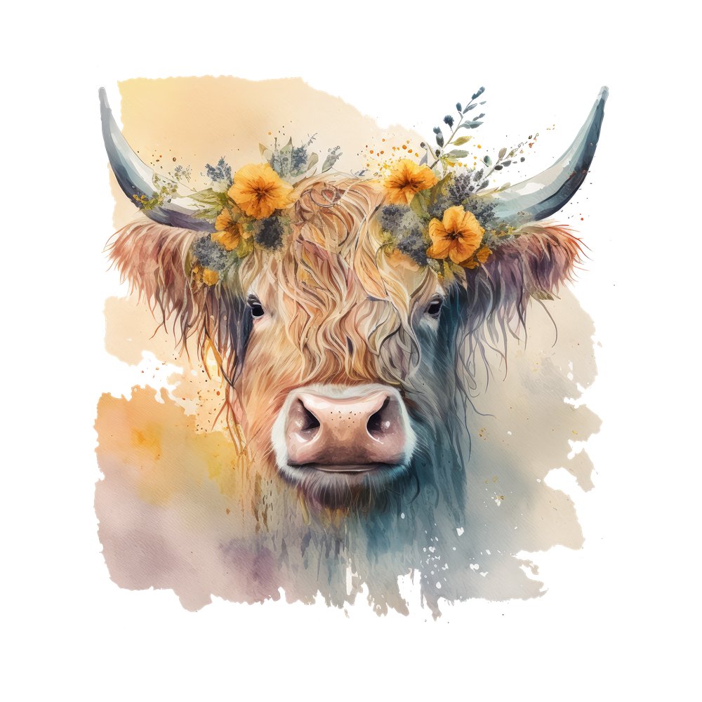 Watercolor Floral Highland Cow #6 Fabric Panel