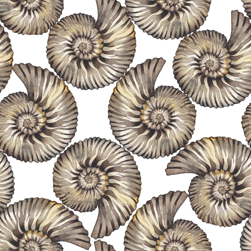 Watercolor Fossils Fabric - White