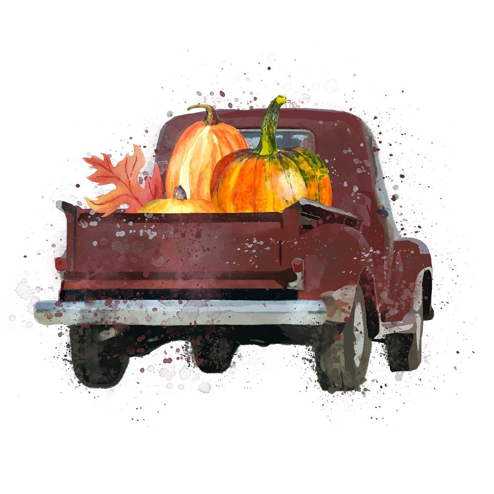 Watercolor Truck With Pumpkins Fabric Panel