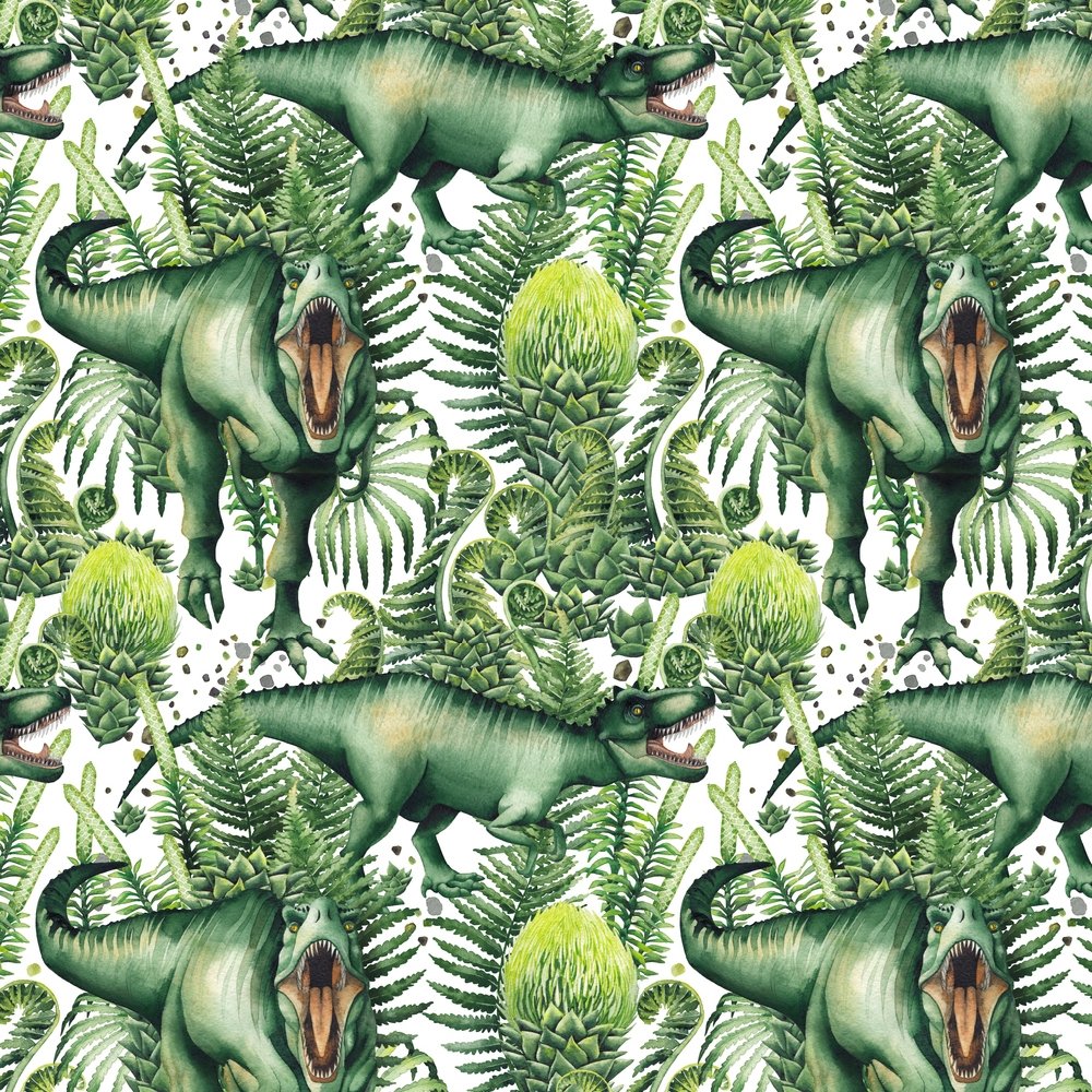 Watercolor T-Rex Fabric - Green/White
