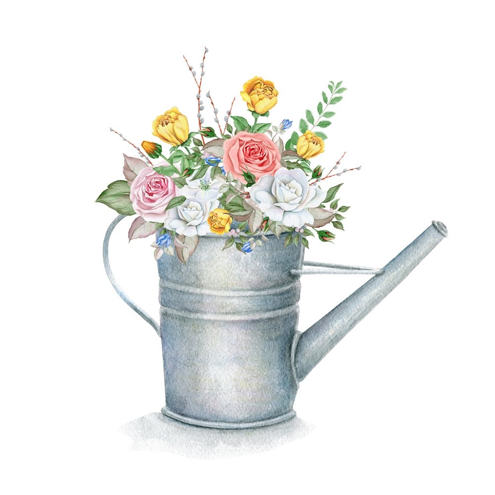 Watering Can Floral Bouquet Fabric Panel - Multi