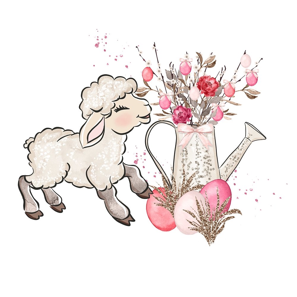 Watering Pot Floral Bouquet & Lamb Fabric Panel