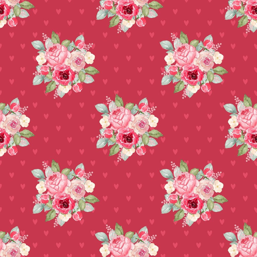 Watercolor Valentine Roses Bouquets on Hearts Fabric - Red