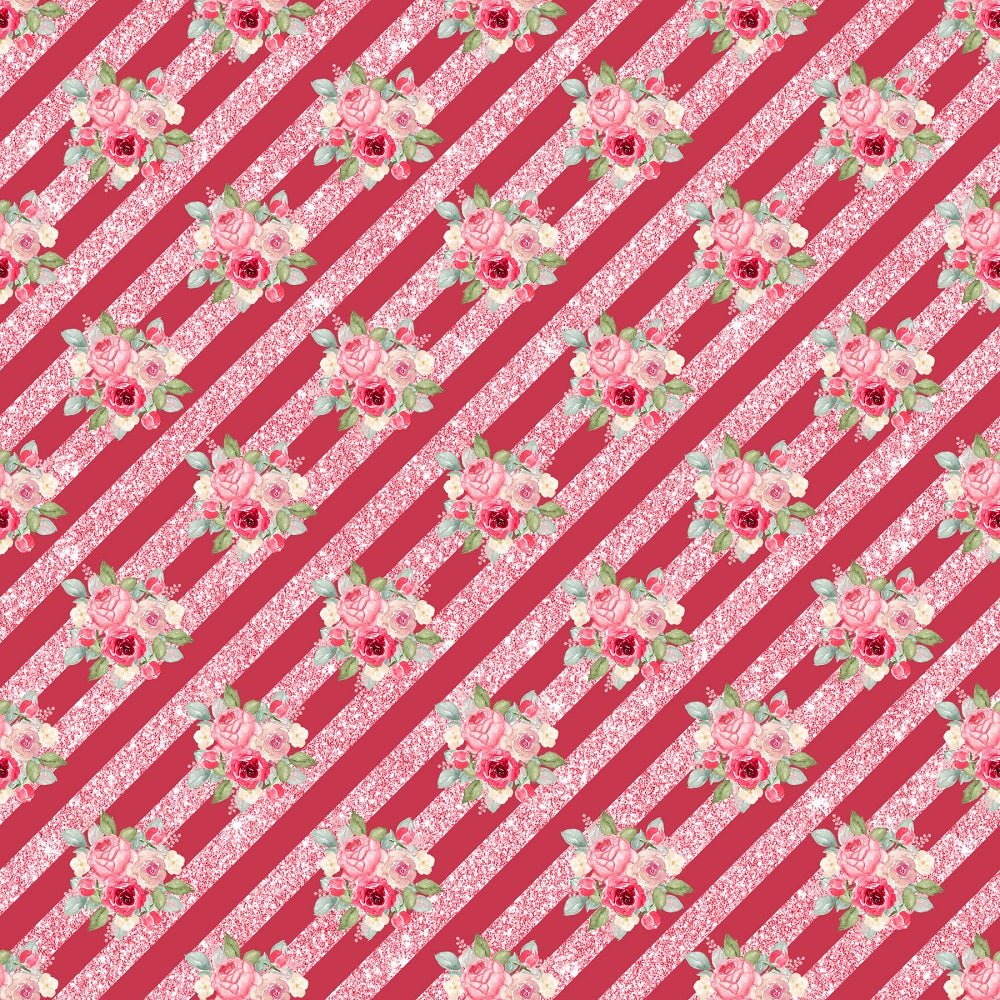 Watercolor Valentine Roses Bouquets on Stripes Fabric - Red