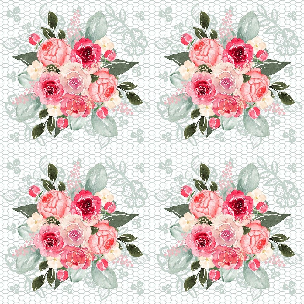 Watercolor Valentine Roses on Green Lace Fabric - White