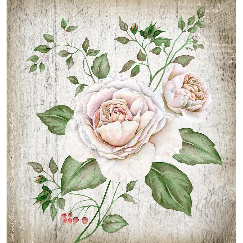 Watercolor Vintage Blooming English Roses Fabric Panel