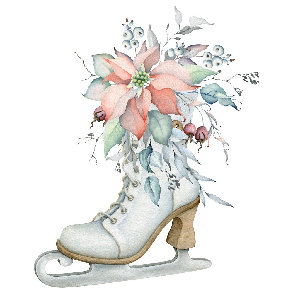 Watercolor Vintage Ice Skate with Poinsettia Bouquet Fabric Panel