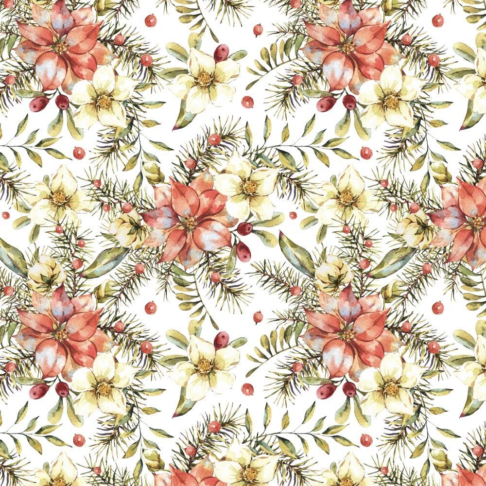 Watercolor Vintage Poinsettia Fabric - White