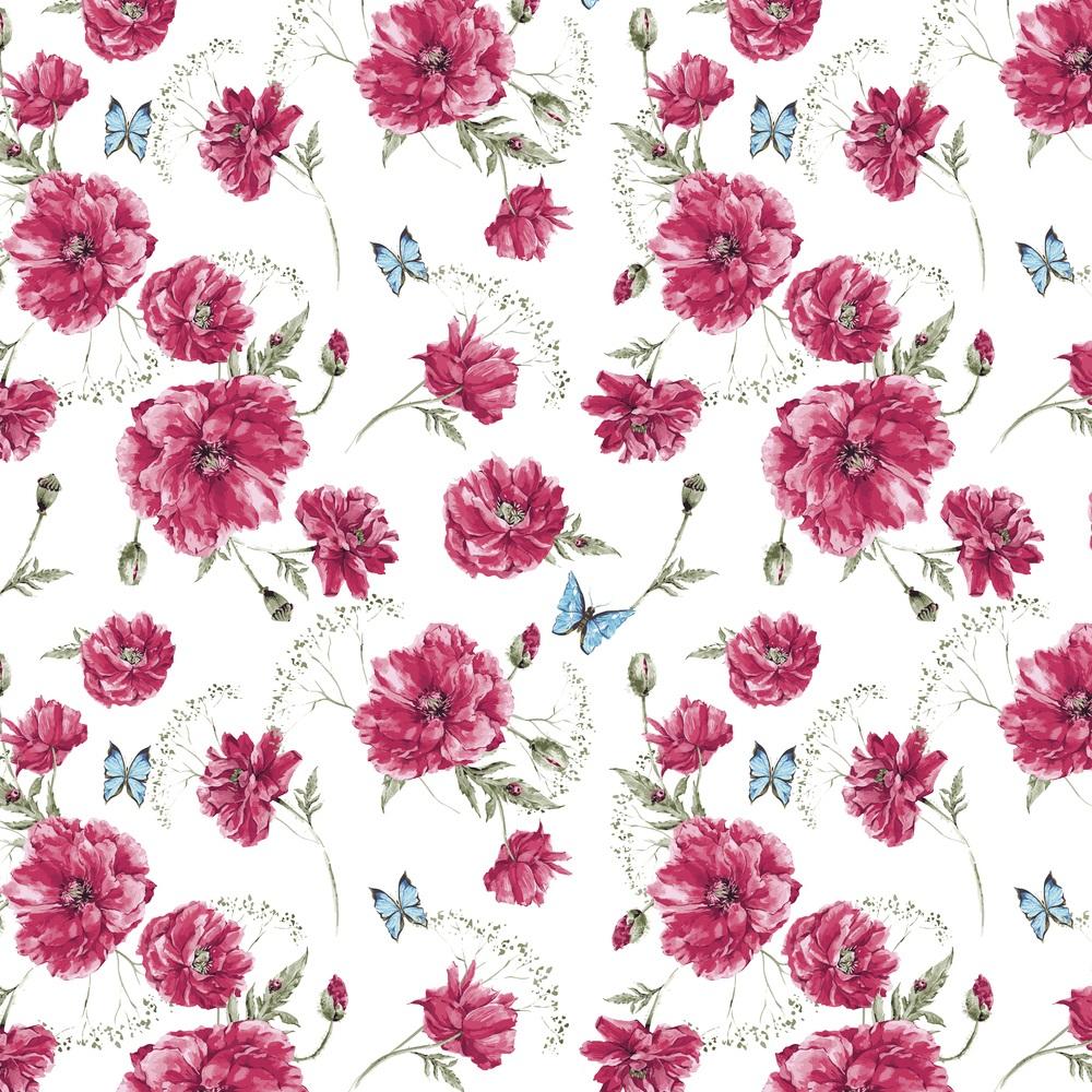 Watercolor Vintage Red Poppies Fabric - White