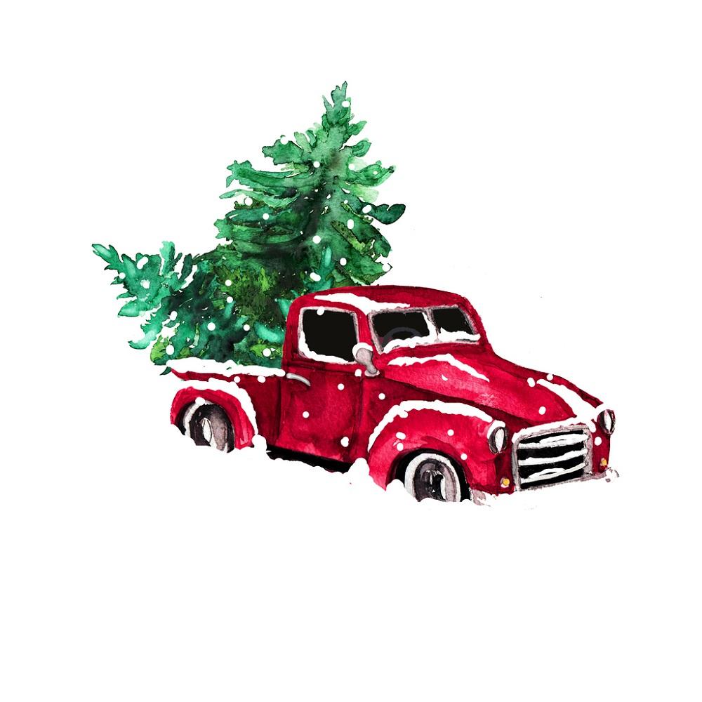 Watercolor Vintage Red Truck Fabric Panel - Red