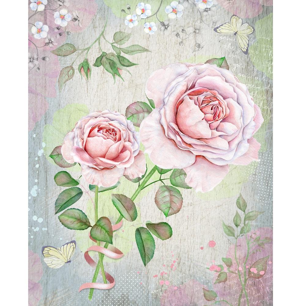 Watercolor Vintage Rose Bouquet Fabric Panel - Pink