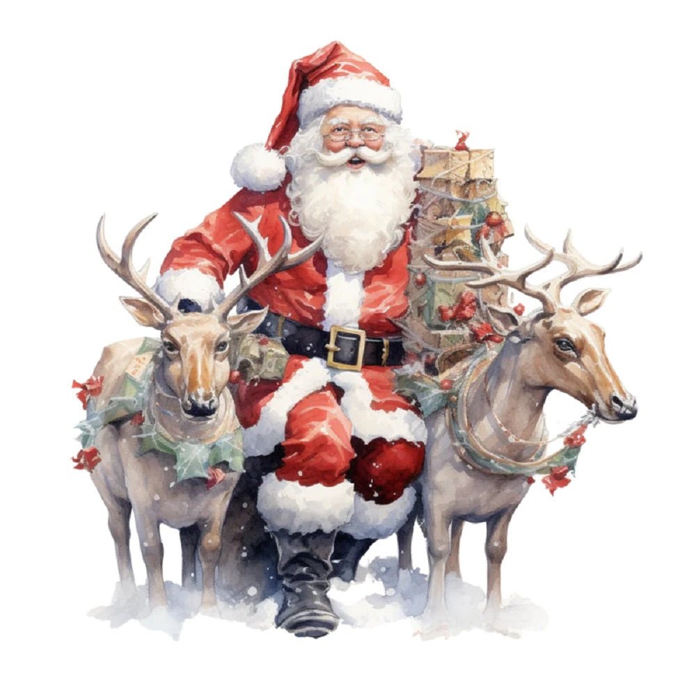 Watercolor Vintage Santa & Reindeer #2 Fabric Panel