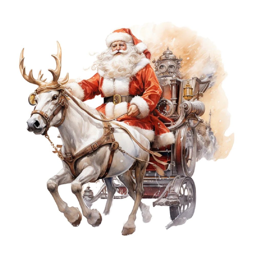 Watercolor Vintage Santa & Reindeer #4 Fabric Panel