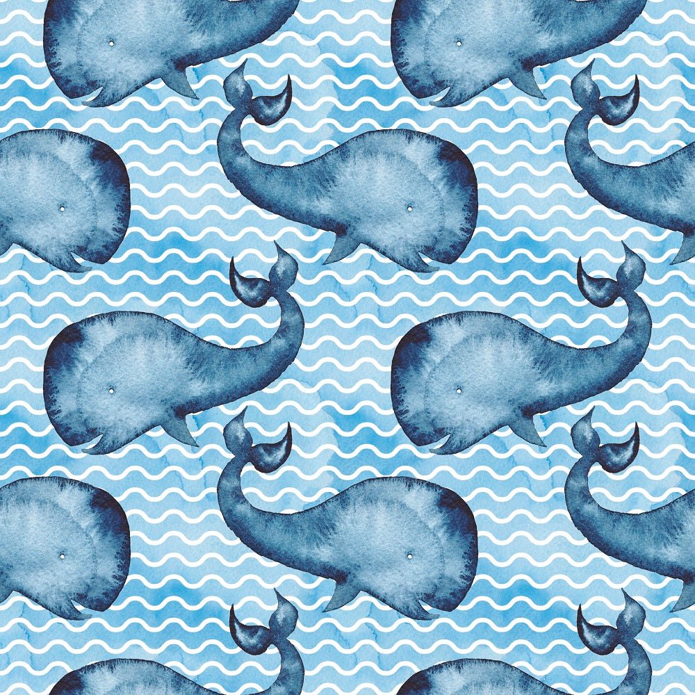 Watercolor Whales on Waves Fabric