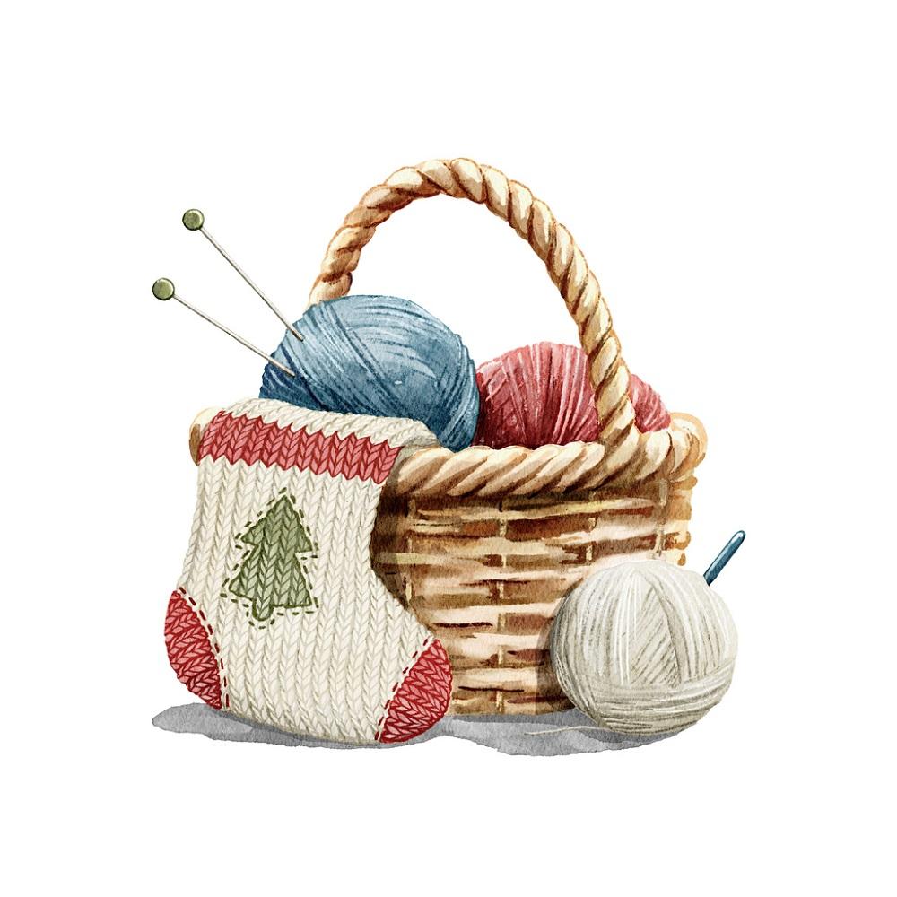 Watercolor Wicker Basket For Knitting Fabric Panel