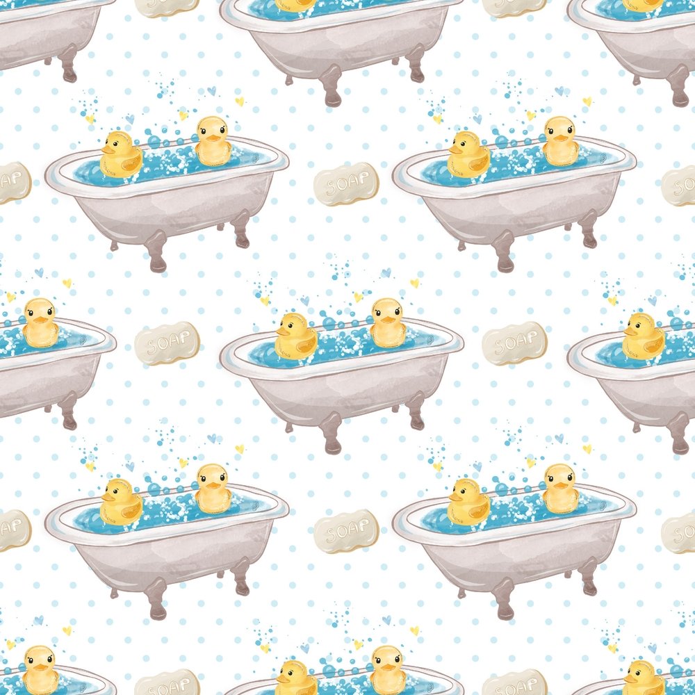 Watercolor Rubber Ducks 6 on Dots Fabric - White