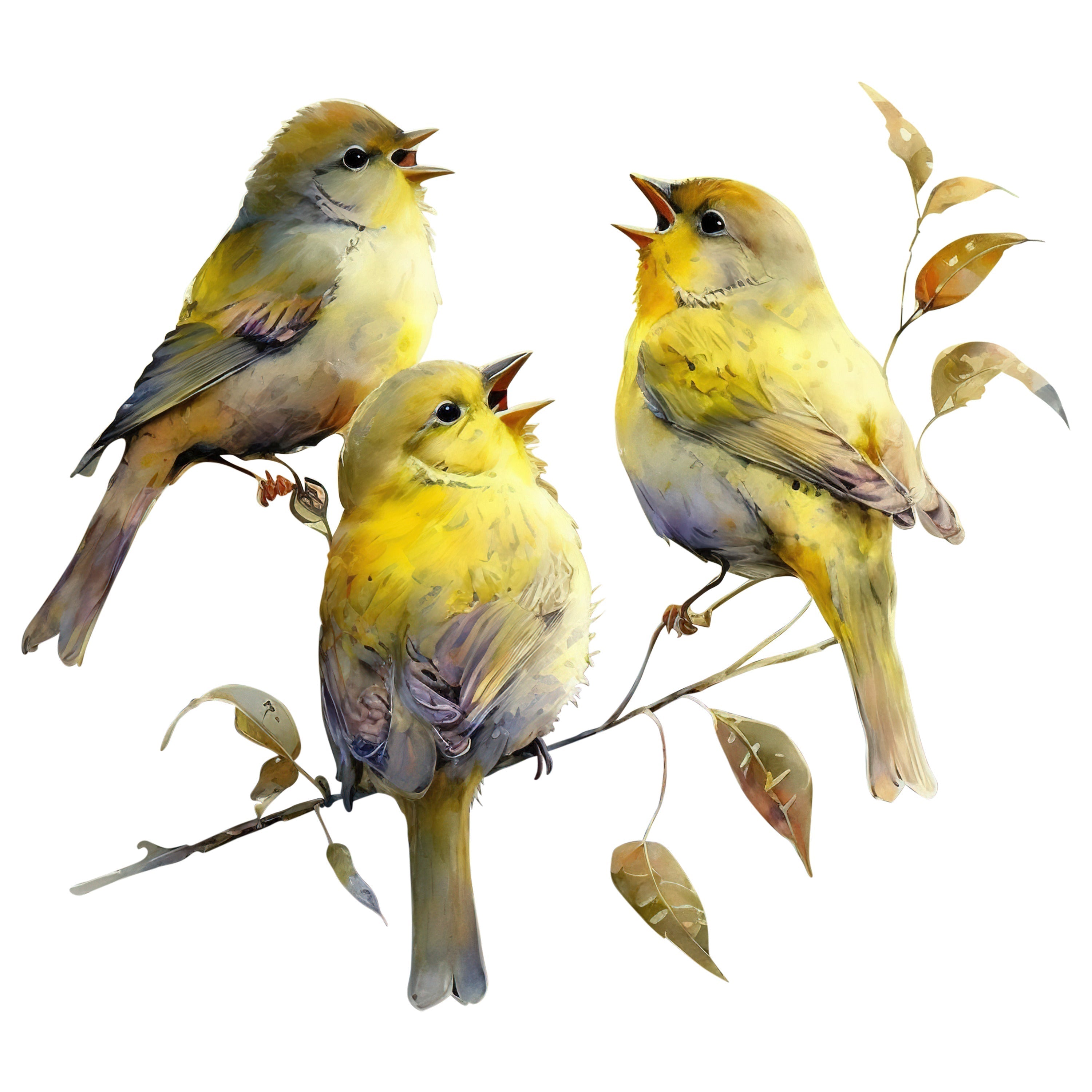 Watercolor Sparrows Scene #1 Fabric Panel