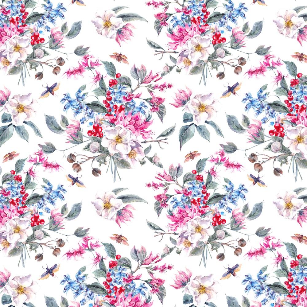 Watercolor Spring Flowers & Beetles Fabric - Pink