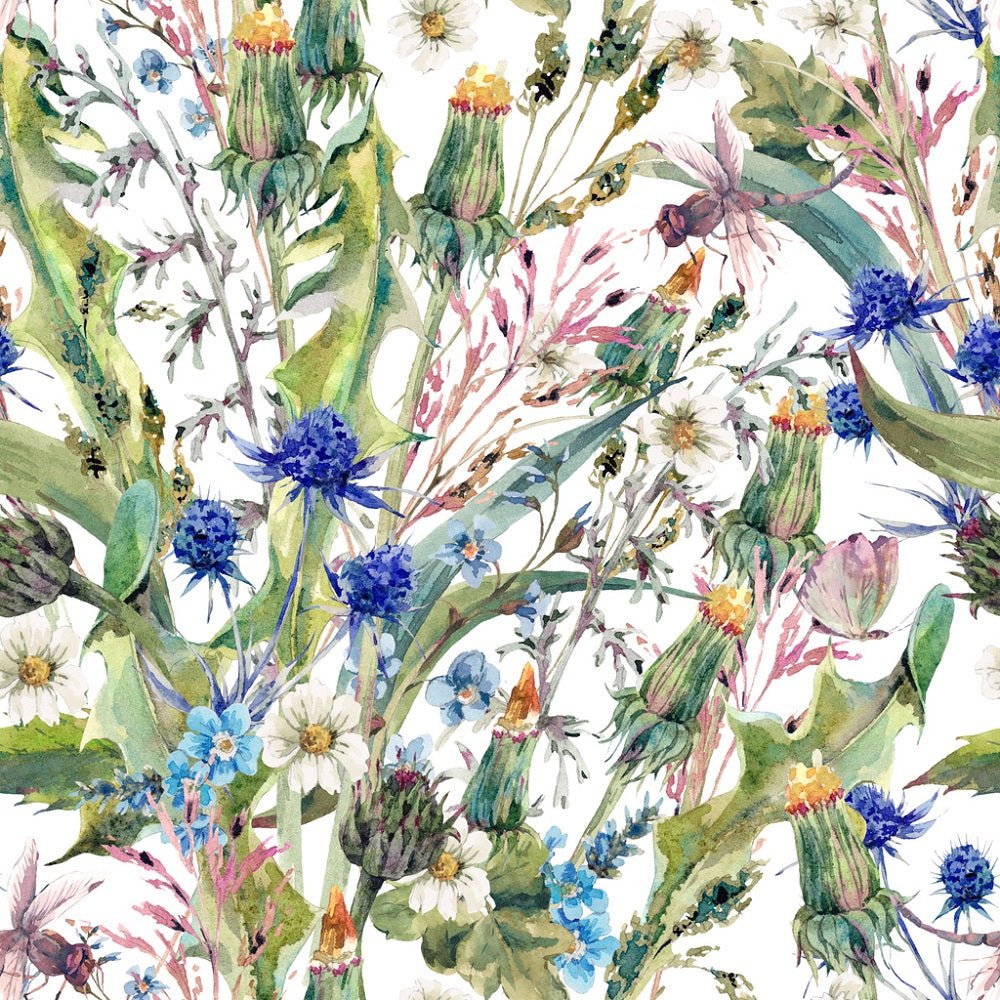 Watercolor Thistles, Wildflowers, Herbs Allover Fabric