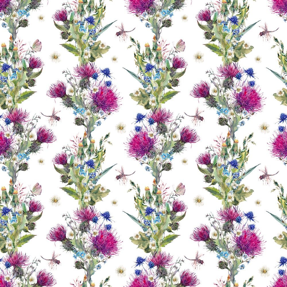 Watercolor Thistles, Wildflowers, Insects Fabric