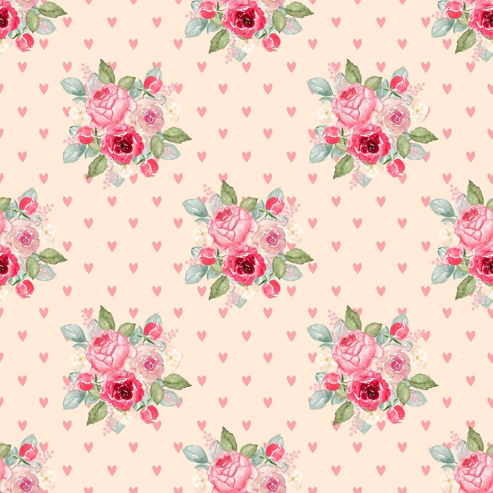 Watercolor Valentine Roses Bouquets on Hearts Fabric - Tan